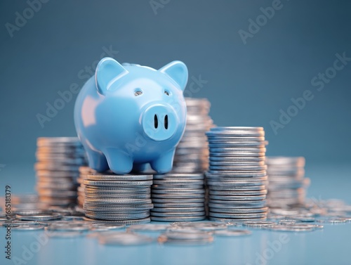 Personal finance and savings. Stack of coins and piggy bank. Many blue icons.