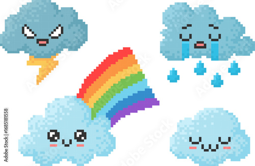 Clouds kawaii emoji emoticon pixel art vector set, 8bit cry sad face with rain, angry lightning bolt, happy with rainbow
