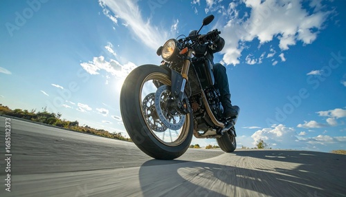 A low-angle shot of a black cafe racer motorcycle on an empty road. Bright daylight sky emphasizes power, speed, and freedom in classic motorbike culture.
