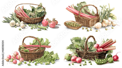 Rustic watercolor illustration of fresh vegetables in wicker baskets including peas, radishes, and rhubarb. Perfect for farming, organic lifestyle, and food design projects.