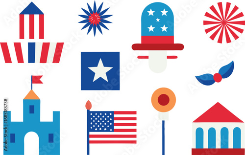 Usa independence day icons collection vector american flag patriotic celebration symbols