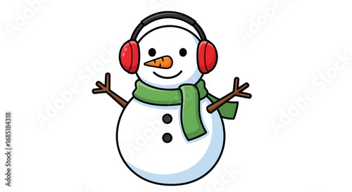 Cute cartoon snowman wearing red earmuffs and green scarf.