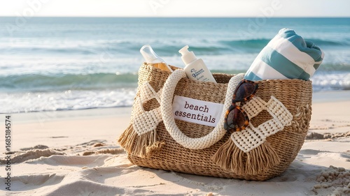 Woven beach bag filled with a striped towel and sunscreen bottles resting on a sandy beach with the ocean waves in the background