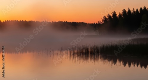 Misty Lake with Forest Reflection at Sunrise