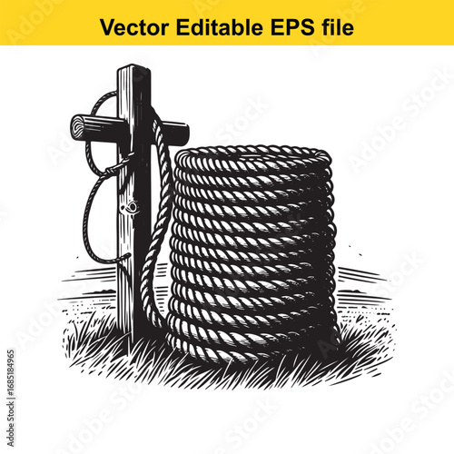 Coiled rope and wooden post in a grassy field, vector illustration