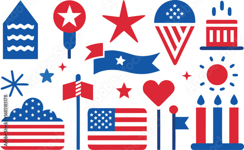 Independence day icons collection usa american flag symbols patriotic vector graphics
