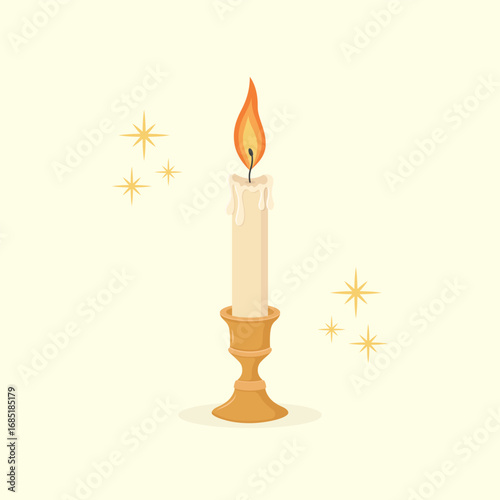 A burning candle in a candlestick. Halloween, Christmas vector illustration.