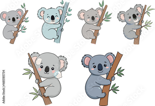 Cute cartoon koalas clinging to tree branches in various colors and styles, playful wildlife animal vector illustration for children and nature themes