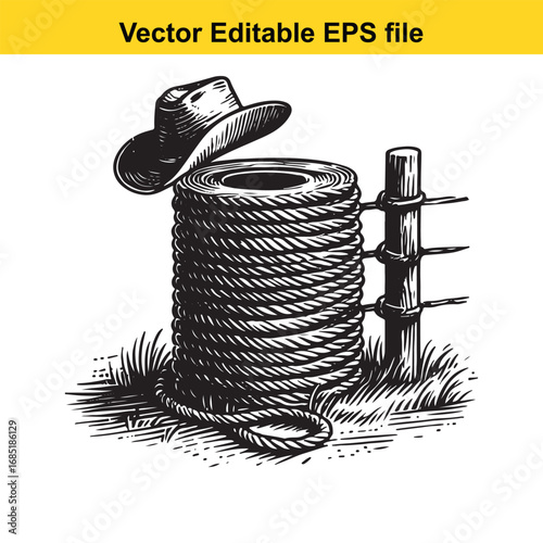 Western cowboy hat resting on a coil of rope next to a fence post