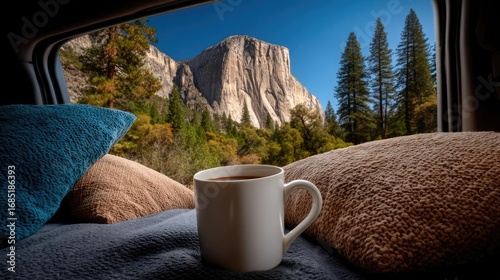 Wallpaper Mural Mountain scenery view from inside a campervan concept. A cozy mug on pillows with stunning mountain views outside. Torontodigital.ca