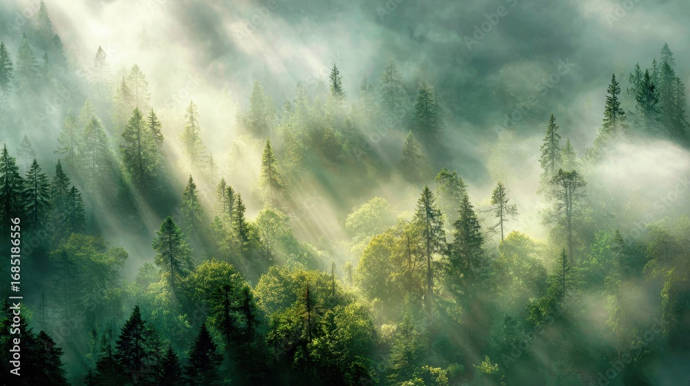 Obraz premium Misty forest with sunbeams piercing through the canopy