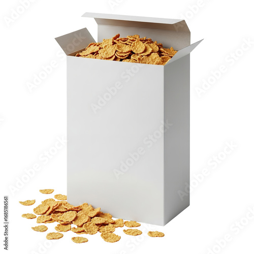 Photo of a box of cereal with some spilled onto a white surface, isolated on transparent background