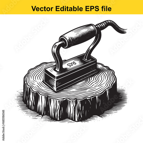 Vintage flat iron resting on a rustic tree stump, black and white illustration