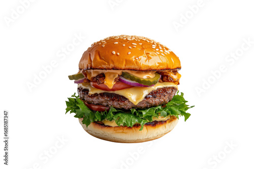 Savory Burger: A mouthwatering burger is expertly crafted, layers of fresh ingredients: sesame seed bun, a juicy patty, melted cheese, crisp lettuce, ripe tomato slices and tangy pickles.