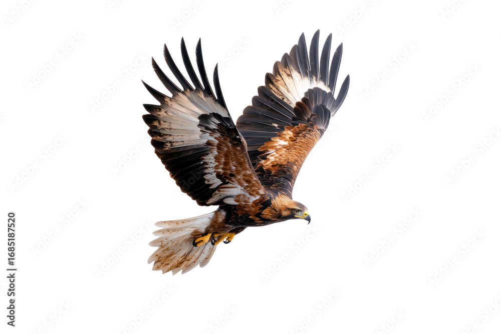 Fototapeta premium Golden Eagle in Flight: Witness the majestic flight of a golden eagle, its powerful wings spread against the sky, embodying freedom and soaring through the atmosphere.