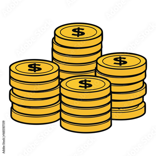 Cartoon gold coin with dollar sign illustration, Stacks of Golden Coins Illustration
