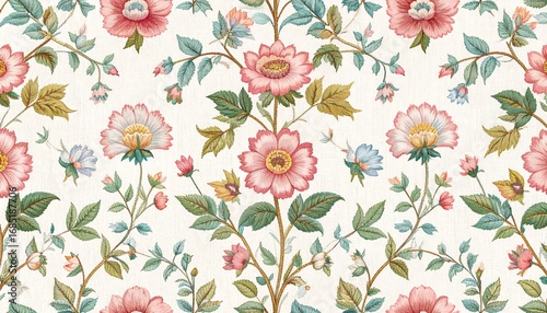 Delicate floral pattern, repeating design of pink and white flowers