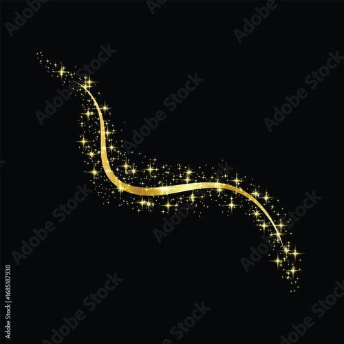 Golden star shaped sparkles confetti isolated on black background.