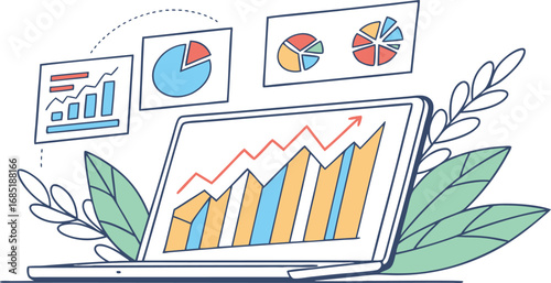 Laptop Displaying Growth Charts Surrounded by Leaves and Floating Data Visualizations
