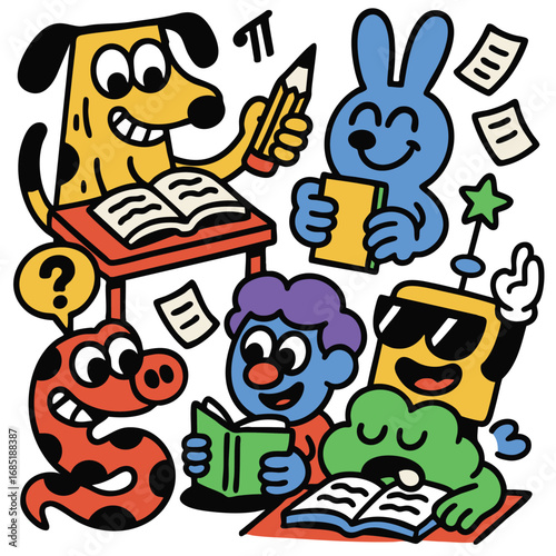 group of colorful cartoon characters studying together