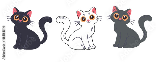 Three cartoon cats with large, expressive eyes and pink inner ears are depicted in a playful style