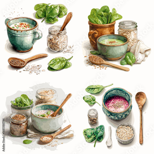 Watercolor illustration of healthy spinach and oatmeal bowls with jars, seeds, and wooden spoons. Perfect for nutrition, wellness, vegan recipes, and organic lifestyle projects.