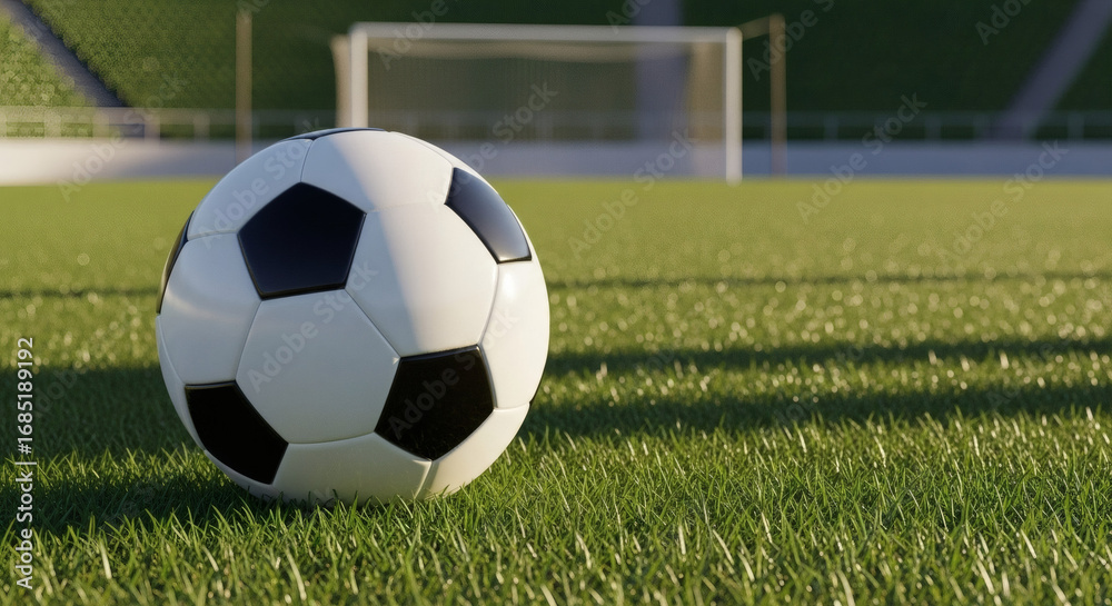 Fototapeta premium Professional photo of a clean white and black soccer ball on green grass in a stadium field with natural sunlight and blurred goalpost in background, generic sports concept with no branding