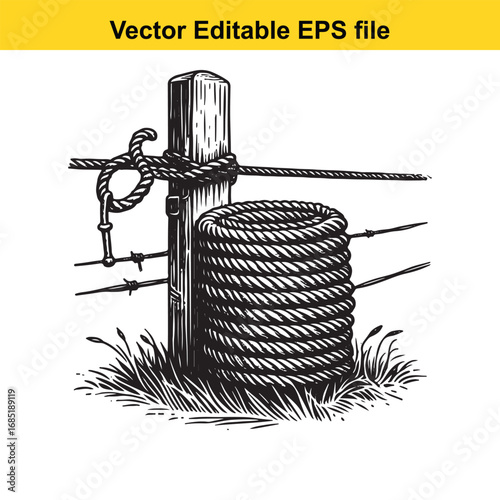 Rope coiled around a wooden fence post with barbed wire in the background