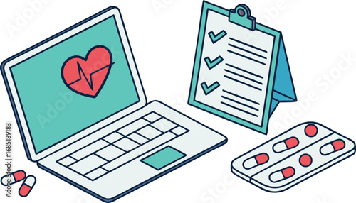 Digital Healthcare Laptop with Heartbeat Clipboard Checklist and Pills for Medical Consultation