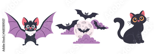 Cartoon illustration featuring a Halloween theme. On the left, a cute bat with purple wings and large ears, smiling. 