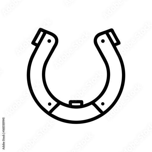 A simple graphic showing a black outline of a horseshoe with detailed elements and clear design style