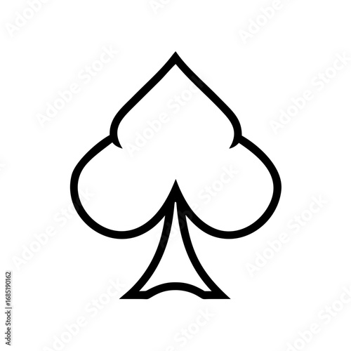 A simple spade symbol in black outline against a white backdrop is prominently displayed here now folks