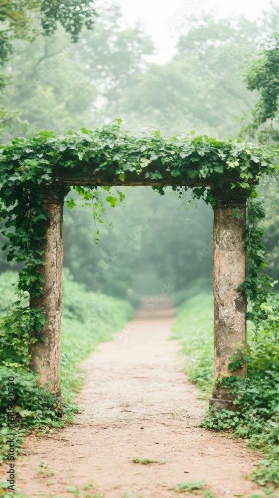 A serene stone archway covered in lush greenery invites viewers down a misty path, perfect for depicting tranquility, nature, or exploration in travel articles, wellness blogs A serene stone archway covered in lush greenery invites viewers down a misty path, perfect for depicting tranquility, nature, or exploration in travel articles, wellness blogs
