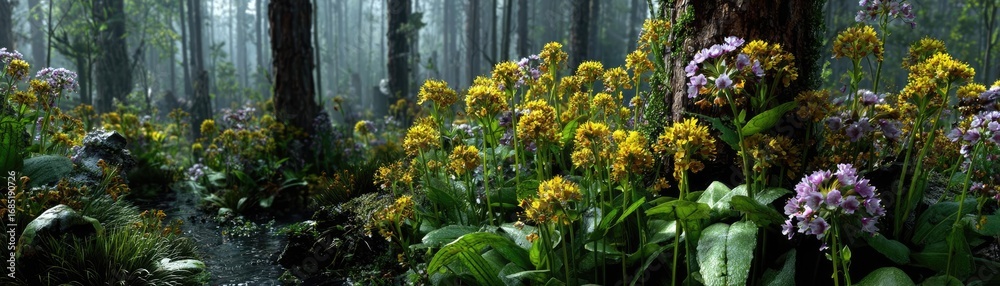 Obraz premium Pollination nation promotes bee-friendly actions concept. Vibrant wildflowers thriving in a misty forest setting.