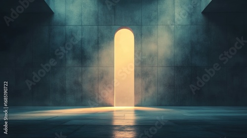 Wallpaper Mural A dimly lit space features a tall, narrow archway bathed in golden light, creating an inviting atmosphere, This image can symbolize opportunity or new beginnings, perfect for motivational content, Torontodigital.ca