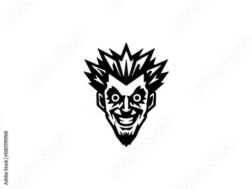 Wild, maniacal clown face with sharp teeth and wild hair, conveying chaos and mischief