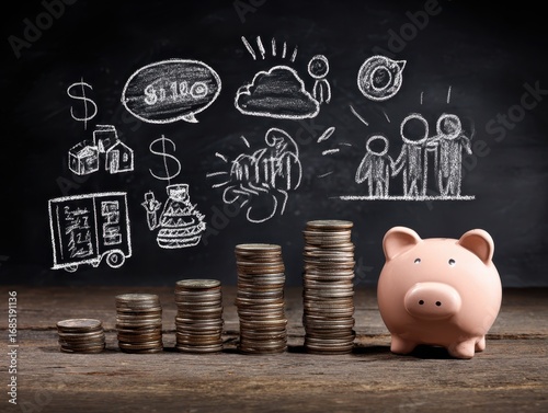 Saving money and family budget. Stack of coins and piggy bank. Many icons drawn on blackboard.