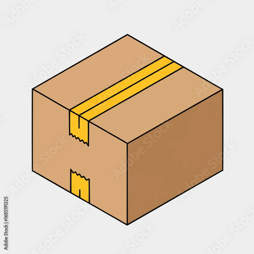 An isometric vector illustration of a sealed brown cardboard box with yellow packing tape on a light gray background.
