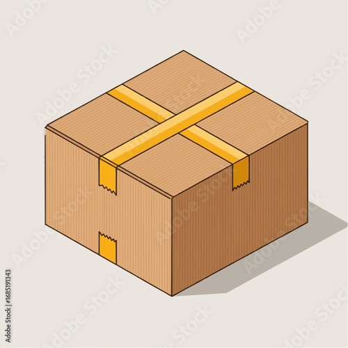 A closed cardboard box with yellow tape sealing its edges, presented in an isometric perspective against a plain background.