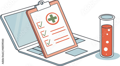 Digital Healthcare Laptop with Clipboard and Blood Test Tube Representing Medical Technology