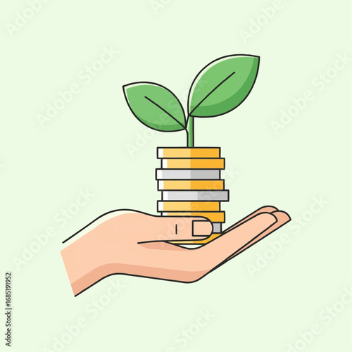 A hand is holding a stack of coins with a plant growing from the top, symbolizing financial growth and investment.