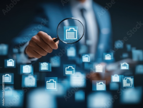 Searching business documents and files in document management system DMS storage. Businessman magnifying file icons.