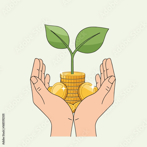 Hands protecting growing plant on coins.