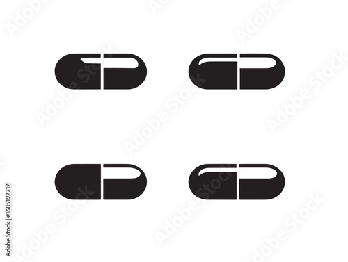 Professional Healthcare Pill Icon Collection in Elegant Black Vector Silhouette