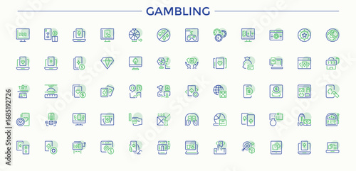 Gambling colorful line icon set. Contain linear symbols poker, ace, dice, slot, card, bet and more. Simple line vector icons. Casino icon set. Vector illustration in modern line style.