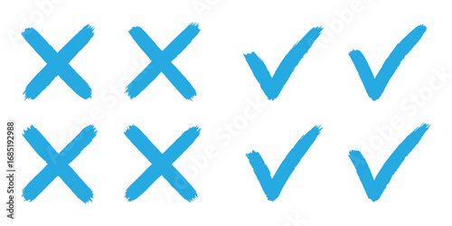 Check tick mark icon set. check mark, tick mark, and cross brush sign red checkmark and red X icons, buttons for vote, election choice decision, web in brush marker style. eps 10 