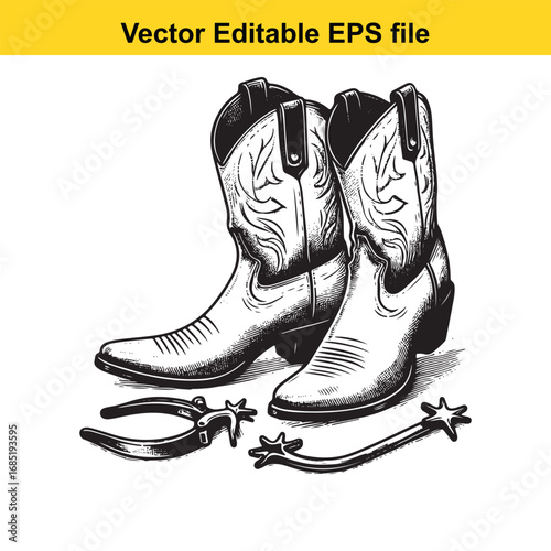 Pair of cowboy boots with spurs and cowboy spurs isolated on white background