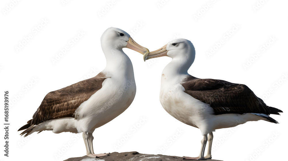 Obraz premium Majestic albatross pair displays affectionate courtship ritual on rocky outcrop