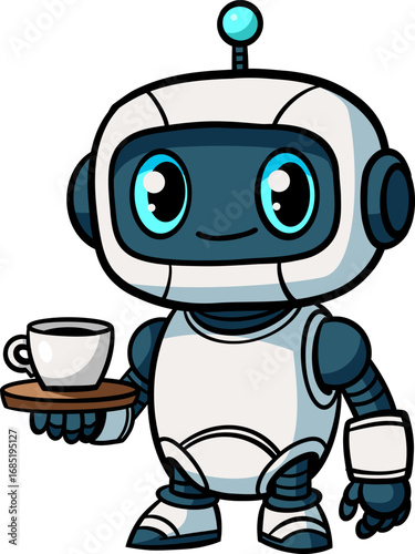 Cute cartoon robot holding coffee cup vector illustration