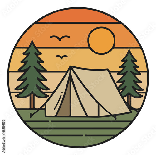 Retro sunset camping scene with tent nestled between pine trees.